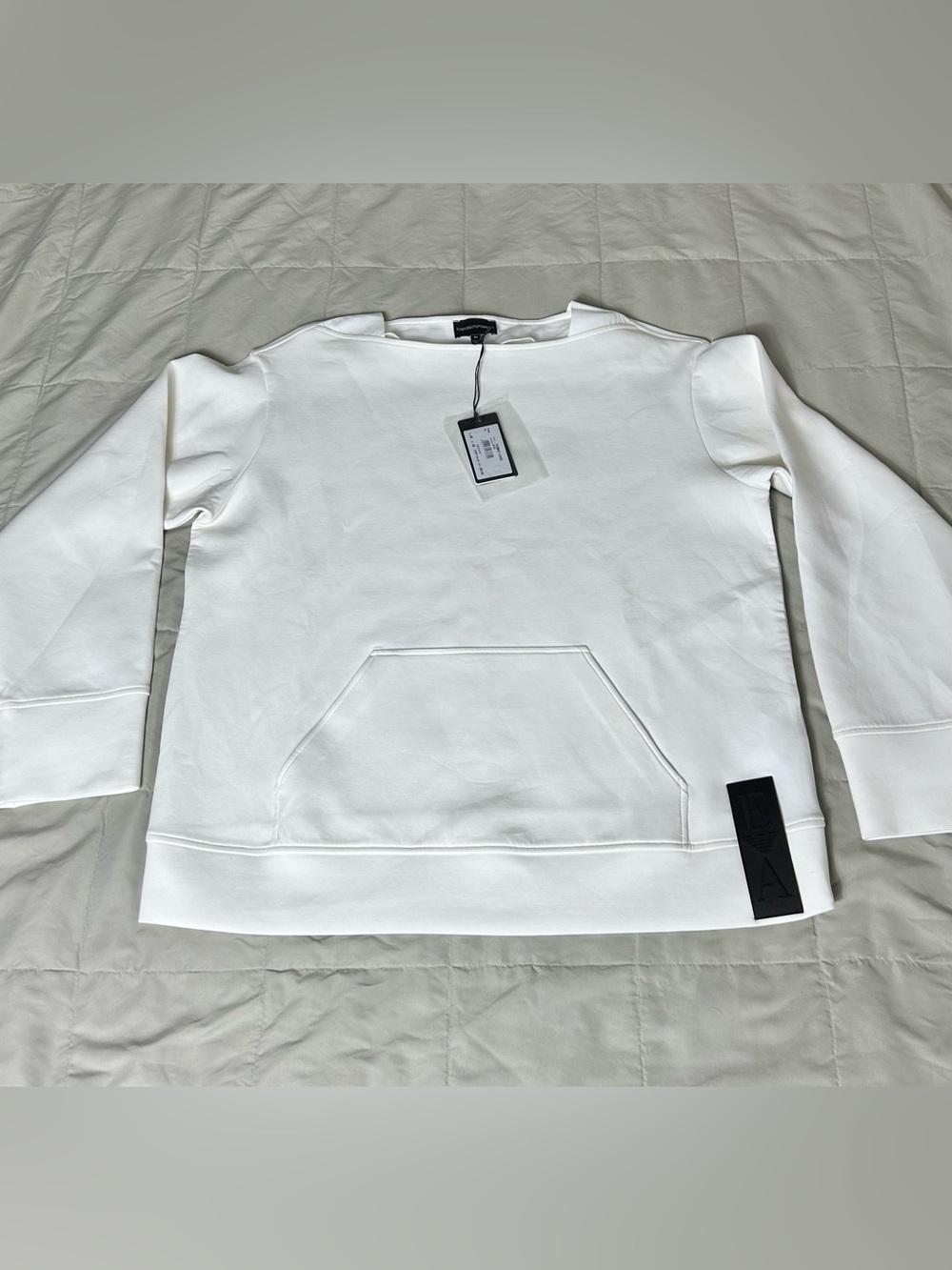 Emporio Armani White Sweatshirt, Front Pocket, EA Logo Patch, Women’s Large, NWT